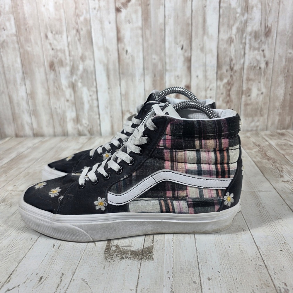 Vans Sk8-Hi Patchwork Plaid Daisy Floral High Top Black Womens 8 Mens 6.5 - Picture 4 of 8
